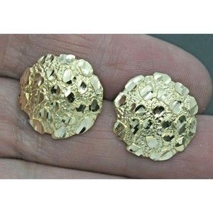 Real 10K Yellow Gold Large Round Diamond Cut Nugget Stud Earrings 18.6mm